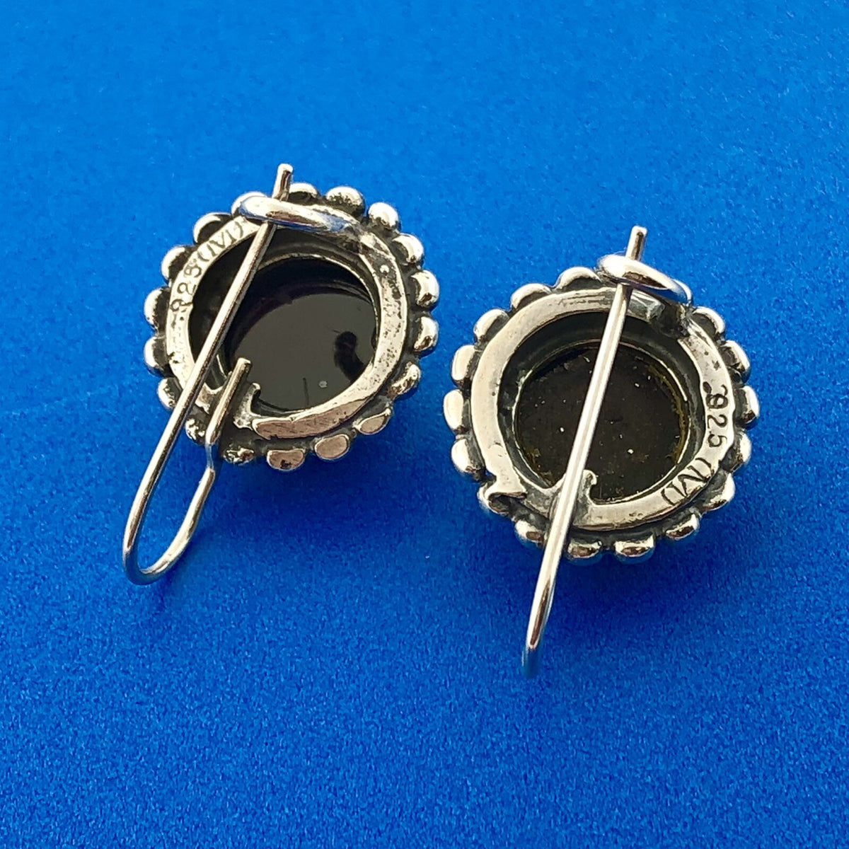 Modernist Sterling Silver Garnet Cabochon Beaded Halo January Occasion Earrings