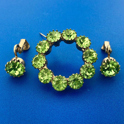 Estate Gold Tone Chartreuse Lime Green Rhinestone Pin Brooch Clip Earrings Set