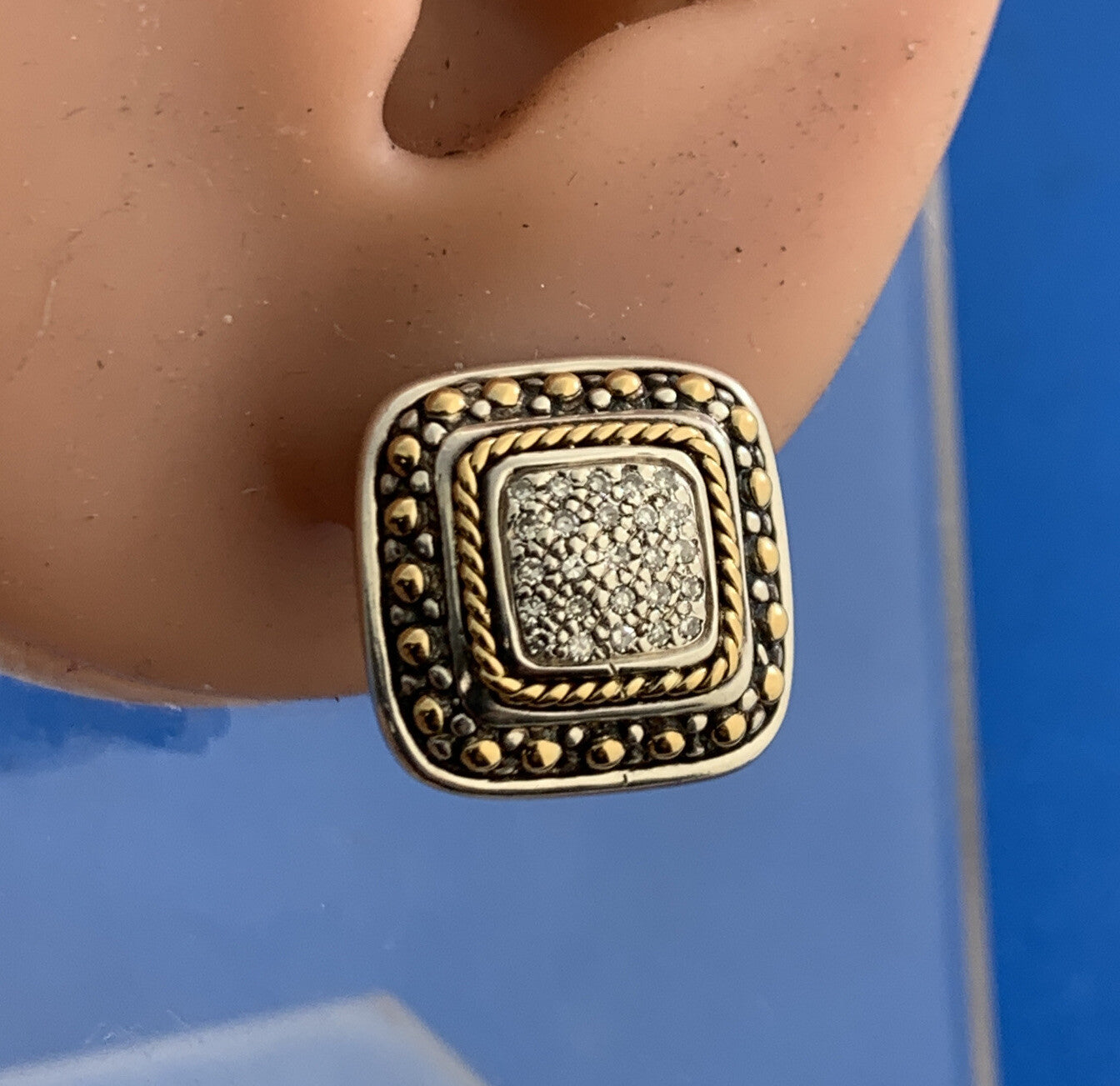 Designer EFFY Sterling Silver 18K Gold Pave Diamond Square Omega Back Earrings