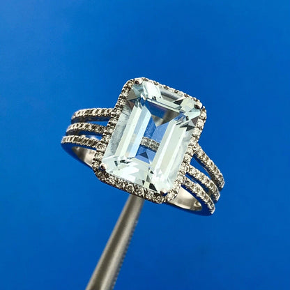 14K White Gold Solitaire Aquamarine Diamond Halo Accented March Anniversary Ring