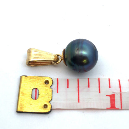 Vintage 18K Yellow Gold 10 mm Black Pearl Dangle Drop Charm Pendant