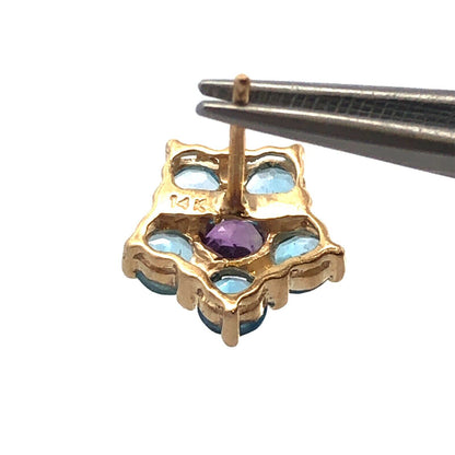 Estate 14K Yellow Gold Blue Topaz Amethyst Flower Statement Stud Earrings
