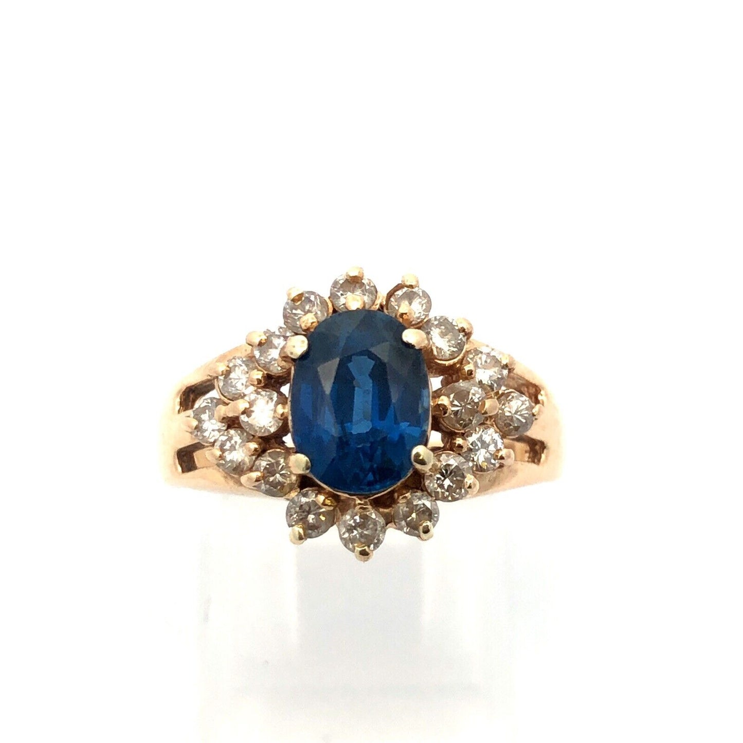 Vintage 14K Yellow Gold Oval Blue Sapphire Round Diamond Halo Anniversary Ring