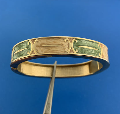 Retro 1980's Gold Tone Pale Peach Green Enamel Hinged Cuff 2 Bracelet Set