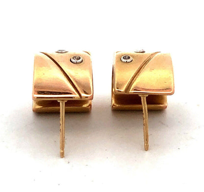 Designer 14K Yellow Gold Round Diamond Modernist Drop Half Hoop Stud Earrings