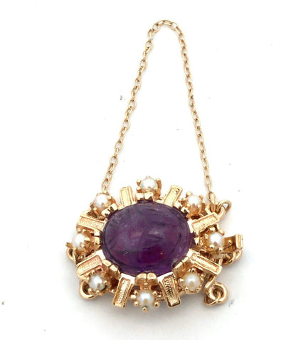 Estate 14K Yellow Gold Oval Carved Amethyst Scarab Pearl Slide Bracelet Clasp