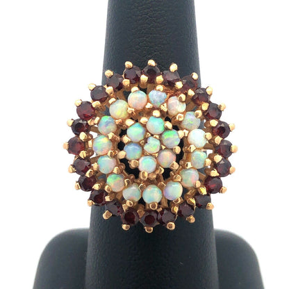 Lovely 14k Yellow Gold White Opal Garnet Floral Circle Cluster Dome Ring Size 7