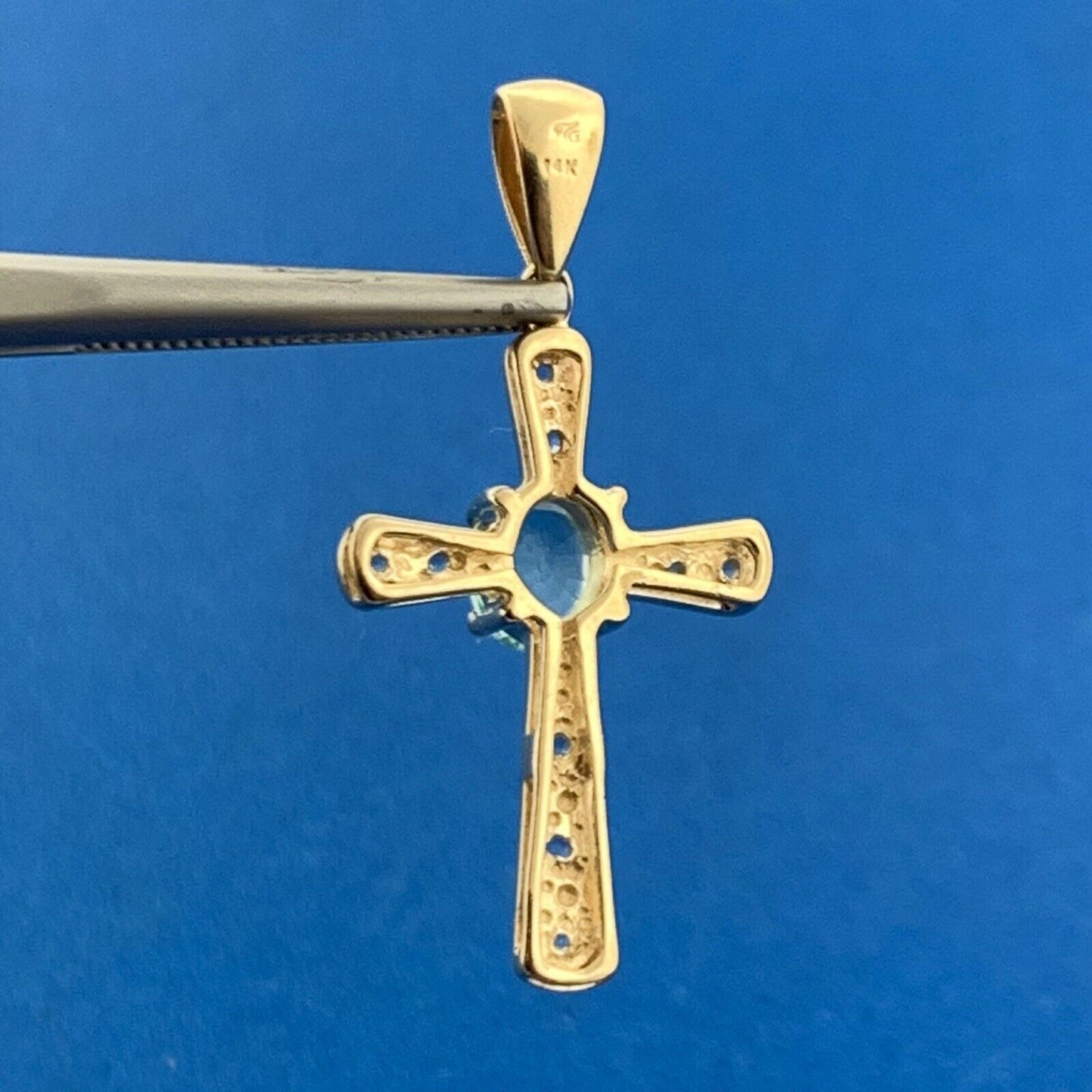 Designer 14K Yellow Gold Blue Tourmaline Diamond Accented Cross Pendant