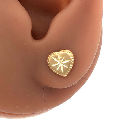 14K Yellow Gold Starburst Textured Heart Stud Earrings