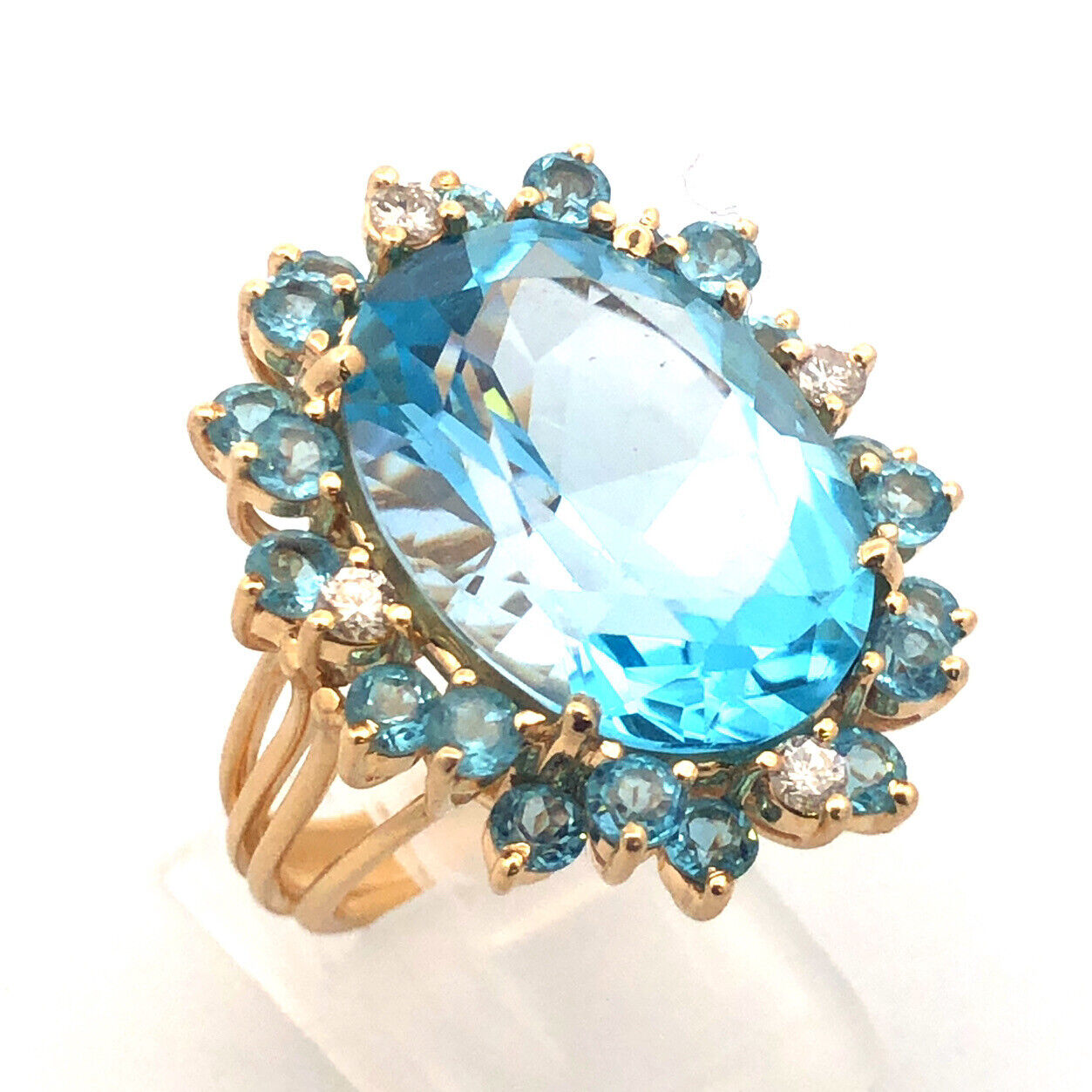 Designer 14k Yellow Gold Large Oval Blue Topaz Aquamarine Diamond Statement Ring