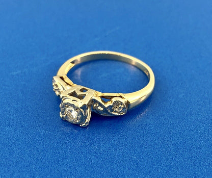 Art Deco 14K Yellow White Gold Diamond Hearts Beads Scroll Engagement Ring