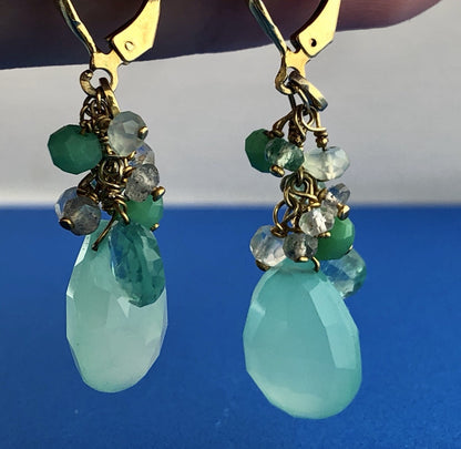 India Sterling Silver Vermeil Green Blue Opalescent Beads Drop Dangle Earrings
