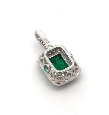 Designer A 10K White Gold Green Emerald Cut Emerald White Sapphire Halo Pendant
