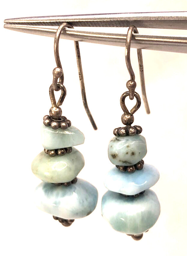 Estate 925 Sterling Silver Blue Larimar Beaded Hook Dangle Earrings