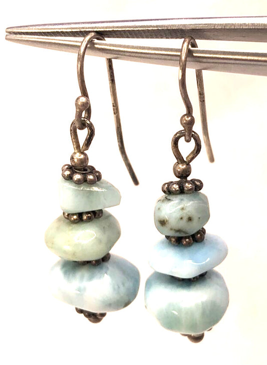 Estate 925 Sterling Silver Blue Larimar Beaded Hook Dangle Earrings