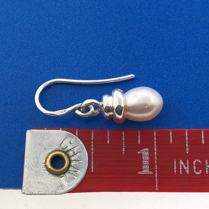 Stunning Sterling Silver 925 Elongated White Pearl Bulb Dangle Hook Earrings