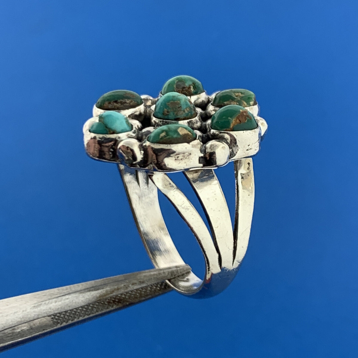 Stunning Sterling Silver 925 Green & Blue Turquoise Cluster Dome Ring Size 8