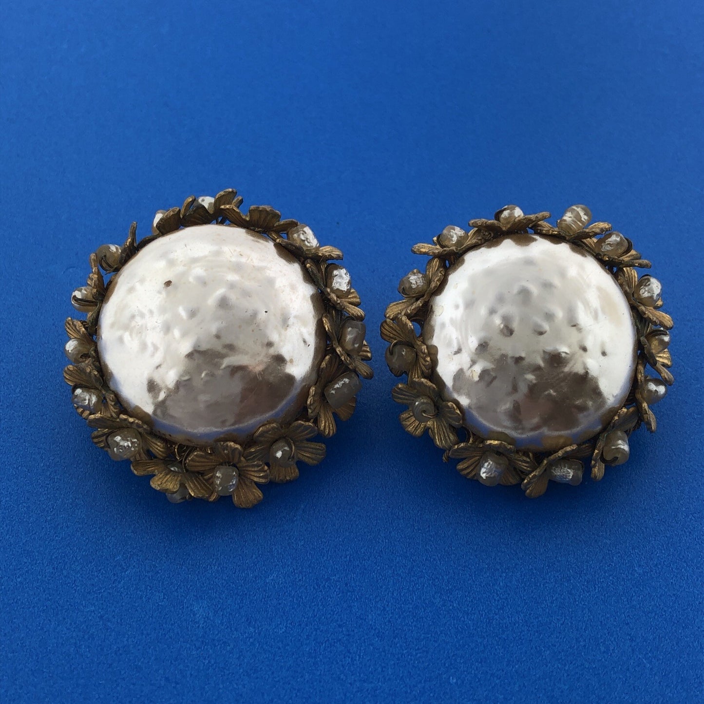 1950's Miriam Haskell Faux Baroque Pearl Birds Nest Statement Clip Earrings