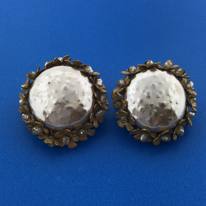 1950's Miriam Haskell Faux Baroque Pearl Birds Nest Statement Clip Earrings