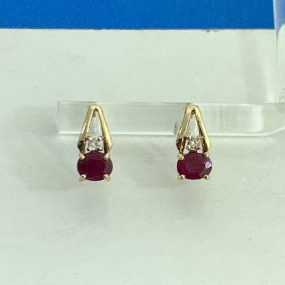 Designer 14K Yellow Gold Oval Ruby Round Diamond Accented Stud Earrings