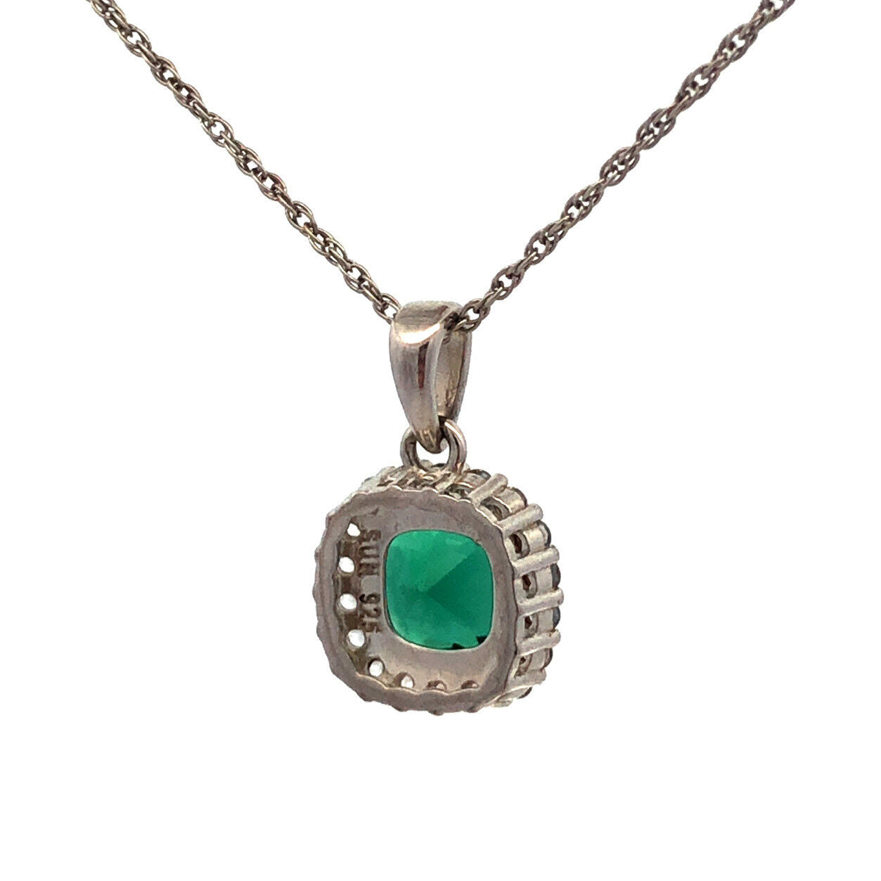 925 Sterling Silver Designer SUN Lab Emerald White Sapphire Halo Necklace