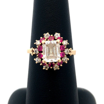 10K Yellow Gold ASC Emerald Cut White Tourmaline Ruby Halo Engagement Ring