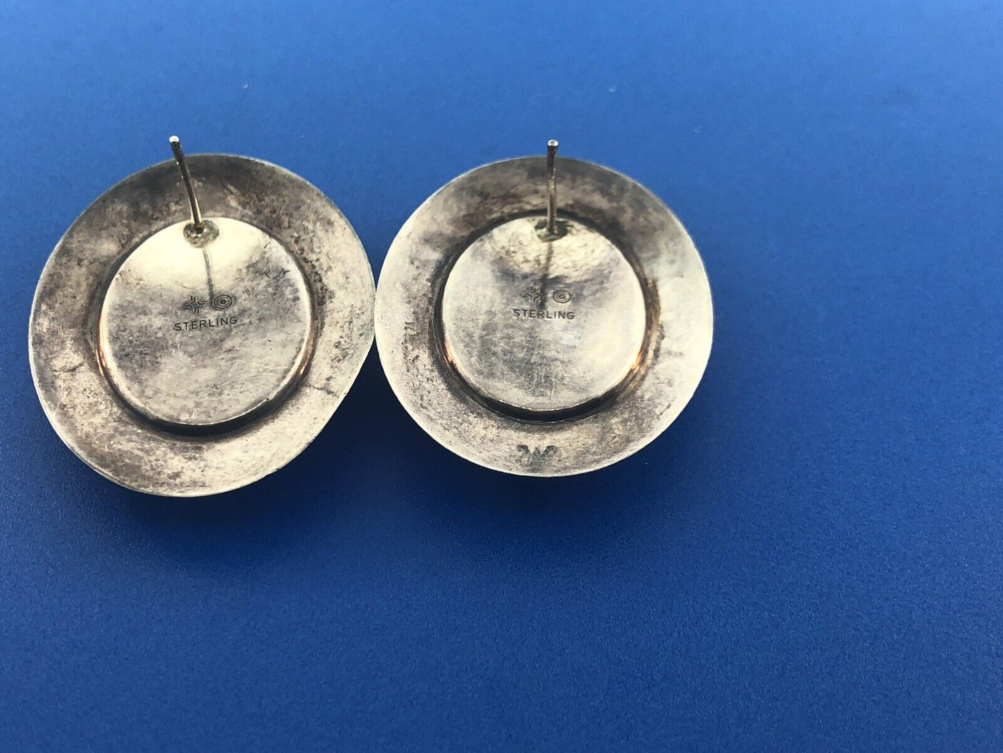 Native American Artisan Sterling Silver Turquoise MultiGem Inlay Concho Earrings