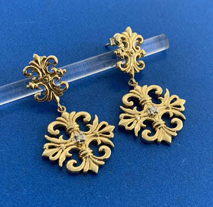 Designer 925 Sterling Silver Vermeil Diamond Scroll Drop Dangle Earrings