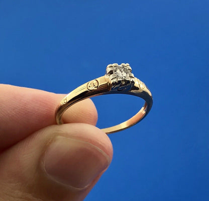 Vintage Fidelity 14K Yellow White Gold Solitaire Engagement Bridal Promise Ring