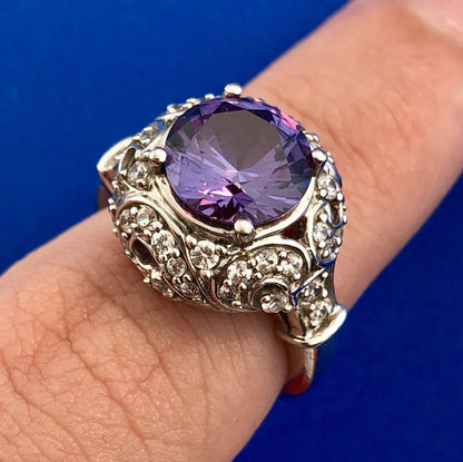 Gorgeous Sterling Silver 925 Purple Spinel Diamond Halo Statement Cocktail Ring