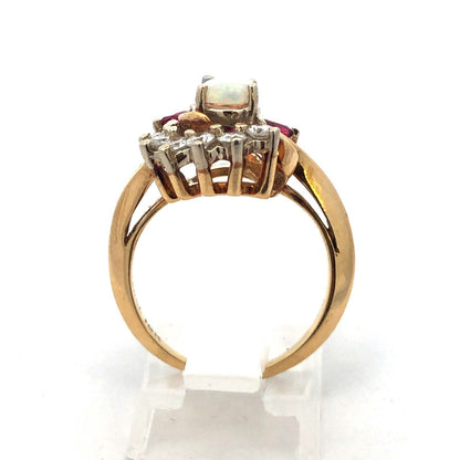 Vintage Gemco 18K Yellow Gold Opal Ruby Diamond Free Form Cocktail Ring
