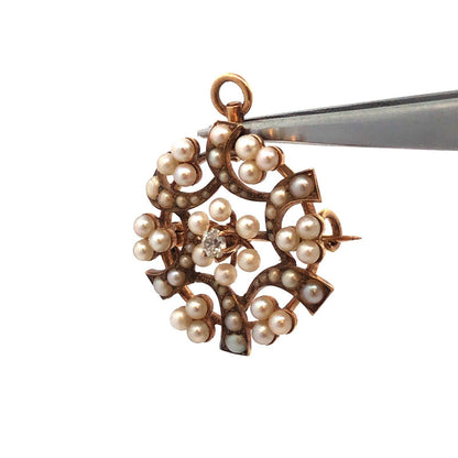 Vintage 14k Yellow Gold Diamond Seed Pearl Spiral Cluster Brooch Pendant