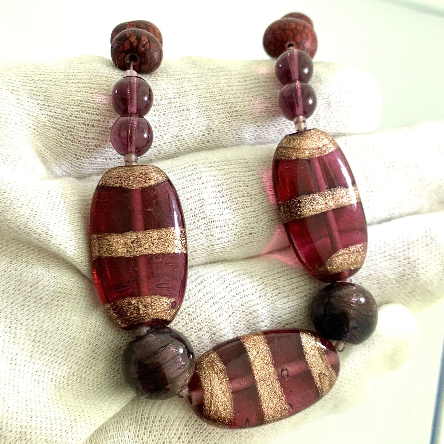 Artisan 14K Yellow Gold Amethyst Art Glass Wooden Mixed Bead Necklace