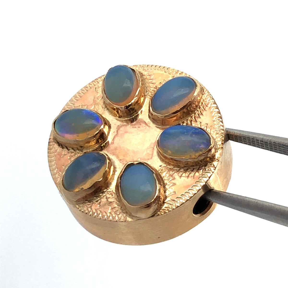 Vintage 10K Yellow Gold Oval Opal Cabochon Floral Cluster Slide Bracelet Charm