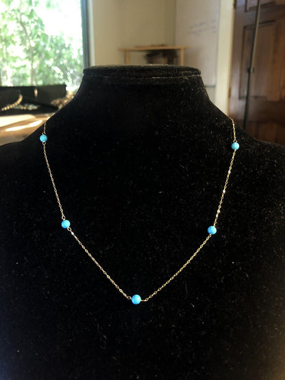 Designer HANA 14K Yellow Gold Round Turquoise Beaded Station Chain Necklace