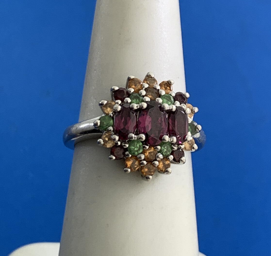Designer 925 Sterling Silver Mixed Gemstone Floral Cluster Cocktail Ring