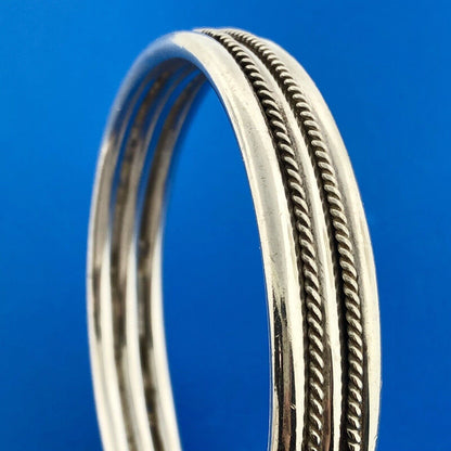 Classic 925 Sterling Silver Roped & Ribbed Statement Bangle Bracelet