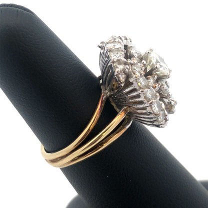 Stunning 14K Yellow Gold Diamond Floral Cluster Rose Statement Anniversary Ring