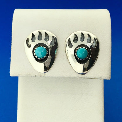 Stunning Sterling Silver 925 Cabochon Turquoise Bear Claw Stud Earrings