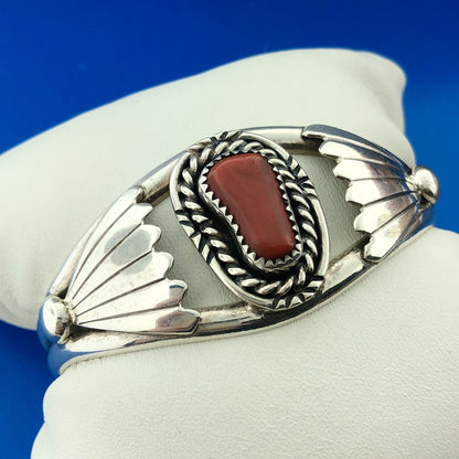 Designer BAH Sterling Silver 925 Cabochon Coral Native American 6" Cuff Bracelet