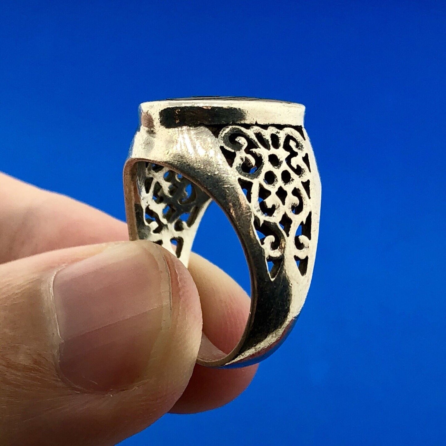 Designer NF 925 Sterling Silver Abalone Shell Cabochon Open Scroll Dome Ring