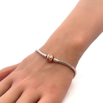 PANDORA 925 Sterling Silver Rose Gold Clasp 580702 Snake Chain Charm Bracelet