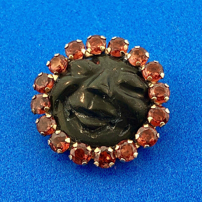 Art Deco Unusual 10K Yellow Gold Citrine Halo Carved Black Resin Cameo Pendant