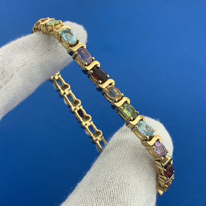 Designer HAN 925 Sterling Silver Vermeil Mixed Oval Gemstones Tennis Bracelet