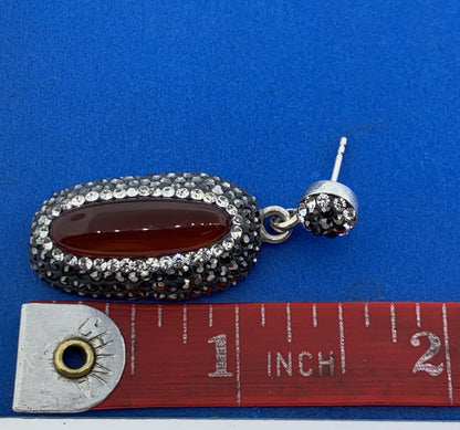 Art Deco 925 Sterling Silver Carnelian Crystal Marcasite Drop Dangle Earrings