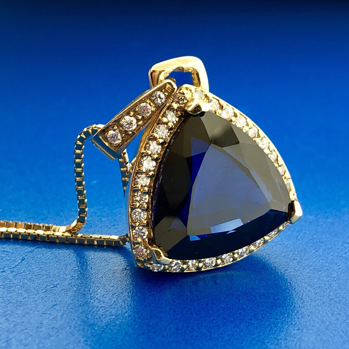 Custom 18K Yellow Gold Large Trillion Cut Lab Created Sapphire Diamond Pendant