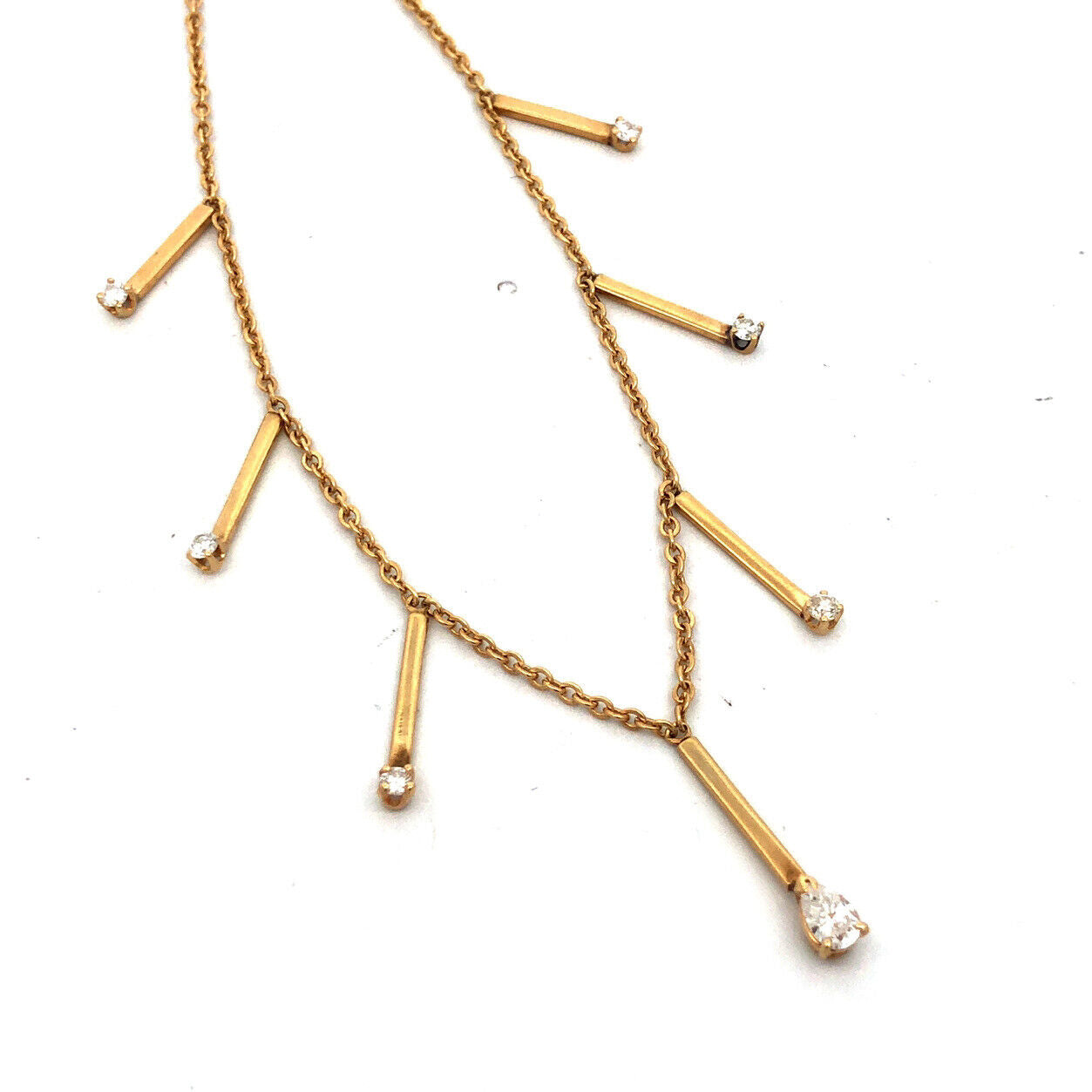 14K Yellow Gold Pear Cut Diamond Graduated Drop Bar Station Necklace