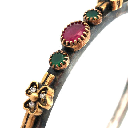 Vintage 925 Sterling Silver Ruby Emerald White Amethyst Hinged Bangle Bracelet