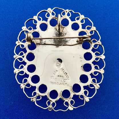 Plata De Jalisco Mexico Sterling Silver Black Intaglio Glass Pin Brooch Pendant
