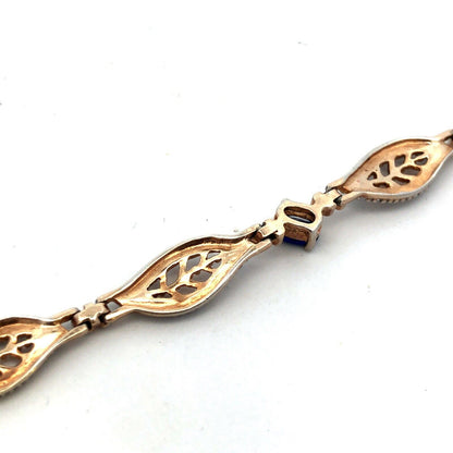Designer DL 925 Sterling Silver Gold Vermeil Oval Blue CZ Leaves Tennis Bracelet